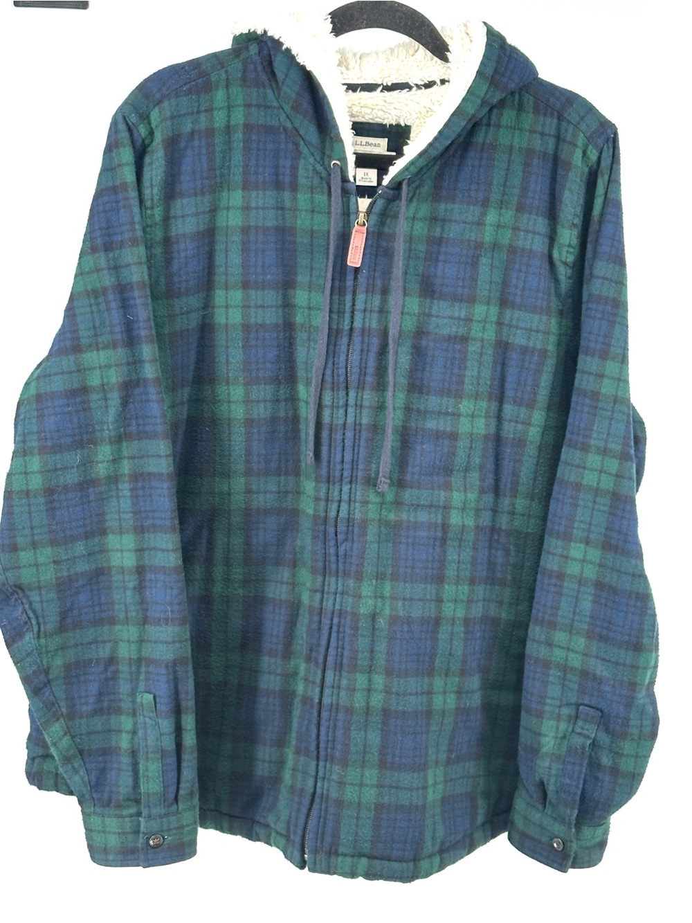 L.L. Bean Green & Blue Plaid Hooded Sherpa-Lined Jacket 1X Woodsy Outdoors Fall